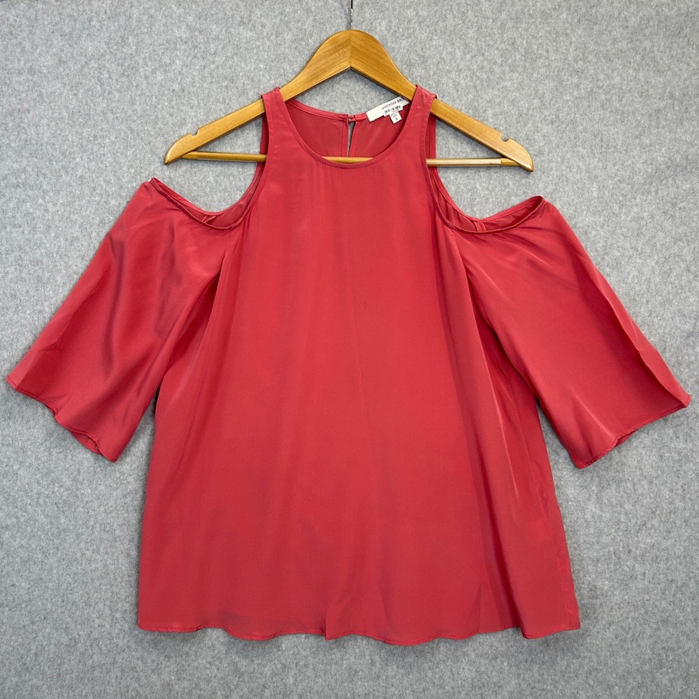 Lavender Brown Silk Blouse Coral Pink Cold Shoulder 3/4 Sleeve Women Size Small - Picture 1 of 10